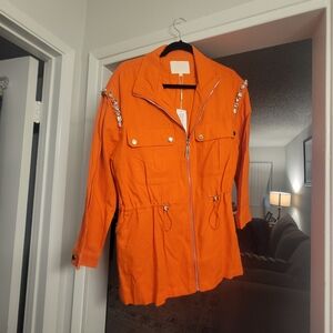 Vibrant Orange Utility Jacket with Embellishments